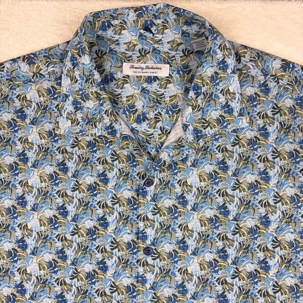 Tommy Bahama IslandZone Shirt Mens XXL Blue Tropical Leaf Stretch Short Sleeve